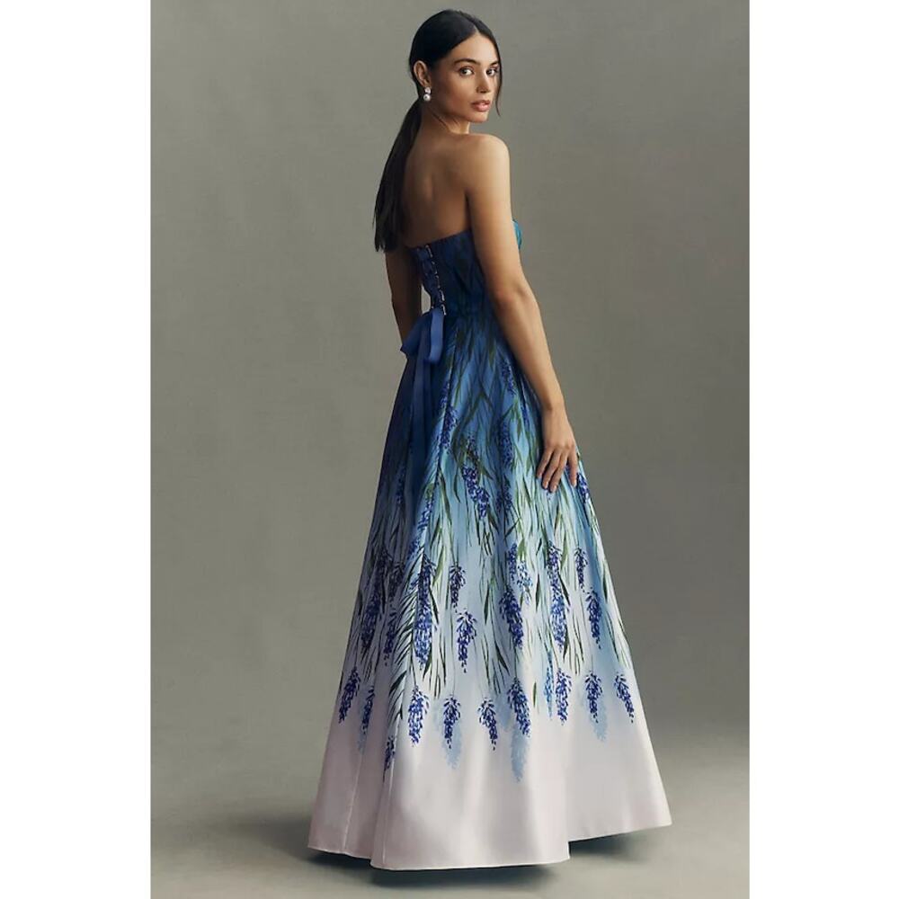 NEW Anthropologie BHLDN Kira Strapless Printed Satin A-Line Maxi Dress US 10 - Picture 2 of 10